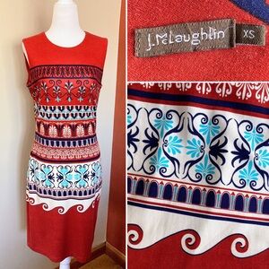 J McLaughlin Sleeveless Sheath Dress XS Greek Motif Print Red Blue & White